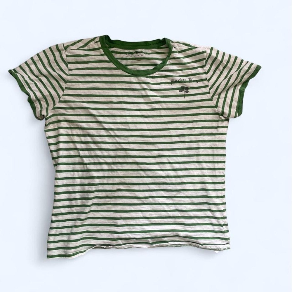 Green white cotton crewneck‎ striped tee Lucky You clover print by Lucky Brand